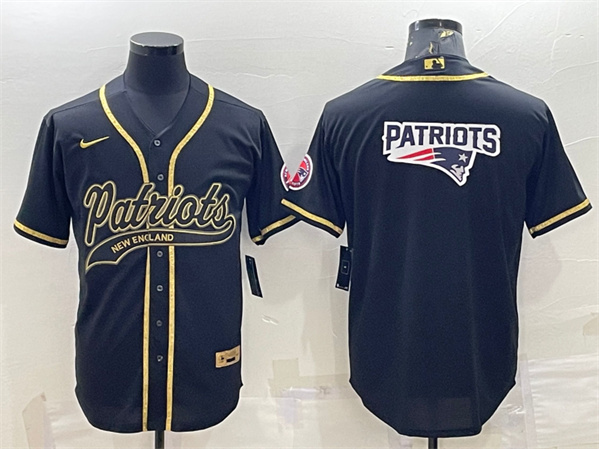 Men's New England Patriots Black Gold Team Big Logo With Patch Cool Base Stitched Baseball Jersey